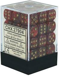 Chessex D6 36 Pack - Ruby Red With Gold Glitter 12mm Pipped D6 Dice Block - Comic Warehouse