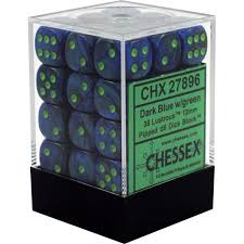 Chessex D6 36 Pack - Dark Blue With Green Lustrous 12mm Pipped D6 Dice Block - Comic Warehouse