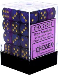 Chessex D6 36 Pack - Royal Purple With Gold Borealis 12mm Pipped D6 Dice Block - Comic Warehouse