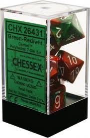 Chessex Polyhedral 7-Die Set - Gemini - Green-Red With White - Comic Warehouse