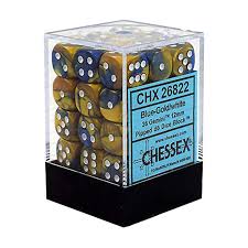 Chessex D6 36 Pack - Blue-Gold With White Gemini 12mm Pipped  D6 Dice Block - Comic Warehouse