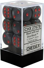 Chessex D6 12 Pack - Velvet - Black With Red 16mm Pipped  D6 Dice Block - The Comic Warehouse