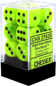 Chessex D6 12 Pack - Bright Green With Black 16mm Pipped  D6 Dice Block - The Comic Warehouse