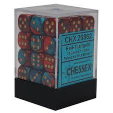 Chessex D6 36 Pack - Red-Teal With Gold Gemini 12mm Pipped  D6 Dice Block - Comic Warehouse