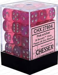 Chessex D6 36 Pack - Pink With Silver Borealis 12mm Pipped  D6 Dice Block - Comic Warehouse