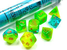 Chessex Lab Dice chx 30048 Gemini Plasma Green-Teal/Orange polyhedral 7-die set - The Comic Warehouse