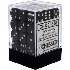 Chessex D6 36 Pack - Black With White Opaque 12mm Pipped  D6 Dice Block - Comic Warehouse