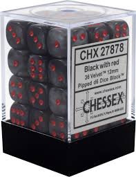 Chessex D6 36 Pack - Black With Red Velvet 12mm Pipped D6 Dice Block - Comic Warehouse