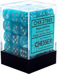 Chessex D6 36 Pack - Aqua With Silver Cirrus 12mm Pipped D6 Dice Block - Comic Warehouse