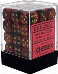 Chessex D6 36 Pack - Black-Red With Gold Gemini 12mm Pipped  D6 Dice Block - Comic Warehouse