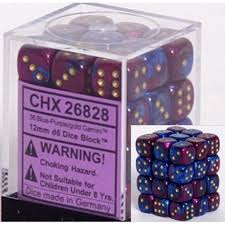 Chessex D6 36 Pack - Blue-Purple With Gold Gemini 12mm Pipped  D6 Dice Block - Comic Warehouse