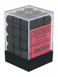 Chessex D6 36 Pack - Black  With Red Opaque 12mm Pipped  D6 Dice Block - Comic Warehouse