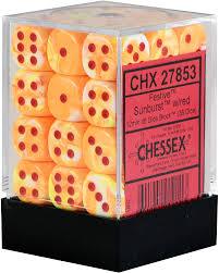 Chessex D6 36 Pack - Sunburst With Red Festive 12mm Pipped D6 Dice Block - Comic Warehouse