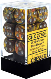 Chessex D6 12 Pack - Lustrous - Gold With Silver 16mm Pipped  D6 Dice Block - The Comic Warehouse