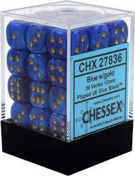 Chessex D6 36 Pack - Blue With Gold Vortex 12mm Pipped D6 Dice Block - Comic Warehouse