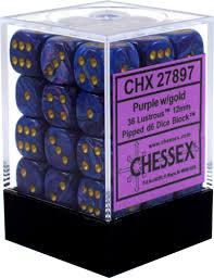 Chessex D6 36 Pack - Purple With Gold Lustrous 12mm Pipped D6 Dice Block - Comic Warehouse