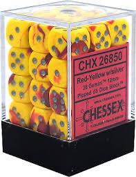 Chessex D6 36 Pack - Red-Yellow With Silver Gemini 12mm Pipped  D6 Dice Block - Comic Warehouse