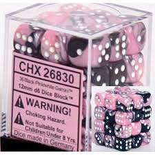 Chessex D6 36 Pack - Black-Pink With White Gemini 12mm Pipped  D6 Dice Block - Comic Warehouse