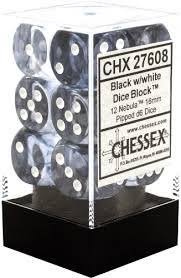 Chessex D6 12 Pack - Nebula - Black With White 16mm Pipped  D6 Dice Block - The Comic Warehouse