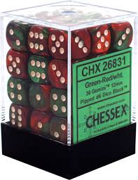 Chessex D6 36 Pack - Green-Red With White Gemini 12mm Pipped  D6 Dice Block - Comic Warehouse