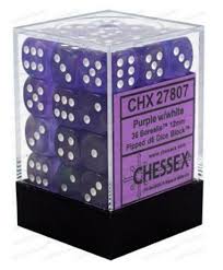 Chessex D6 36 Pack - Purple With White Borealis 12mm Pipped  D6 Dice Block - Comic Warehouse