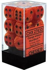 Chessex D6 12 Pack - Vortex Orange With Black 16mm Pipped  D6 Dice Block - The Comic Warehouse