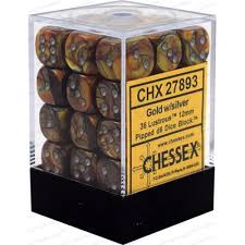 Chessex D6 36 Pack - Gold With Silver Lustrous 12mm Pipped D6 Dice Block - Comic Warehouse